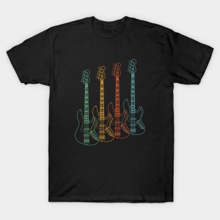 Four J-Style Bass Guitar Outlines Retro Color T-Shirt